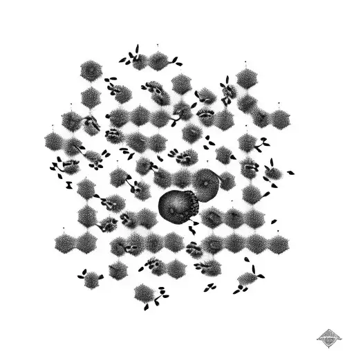 Abstract geometric shapes forming a hive with tiny bees buzzing around tattoo design idea