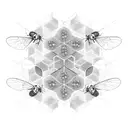 Abstract geometric shapes forming a hive with tiny bees buzzing around tattoo design idea