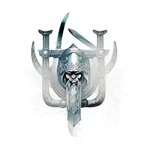 A Viking warrior engaged in a fierce sword and shield duel with a mythical sea serpent tattoo design idea