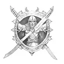 A Viking warrior engaged in a fierce sword and shield duel with a mythical sea serpent tattoo design idea