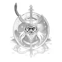 A Viking warrior engaged in a fierce sword and shield duel with a mythical sea serpent tattoo design idea