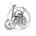 A Viking warrior engaged in a fierce sword and shield duel with a mythical sea serpent tattoo design idea