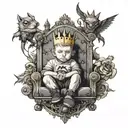 Small kid, challenges, progress, king on a throne at the top tattoo design idea