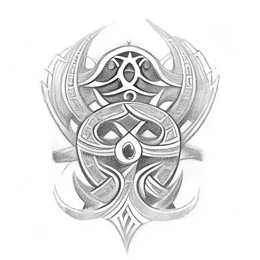 Arm, shoulder and pectoral tatto with the following Māori simbologies: Koru, manaia, Wharenui, Kākahu, Taiaha, Iho, Pāti tattoo design idea