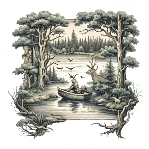 forest scene featuring a lake with a boat and fish. deer in the woods geese and ducks flying in the air. tattoo design idea