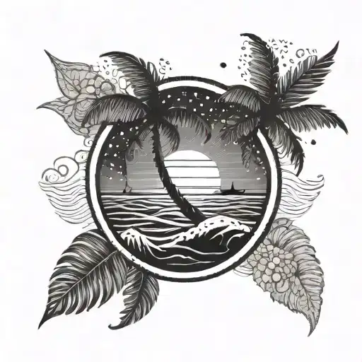 palm tree, sun, and waves tattoo design idea