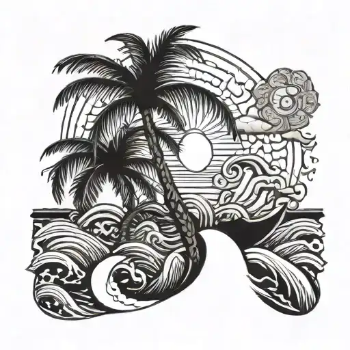 palm tree, sun, and waves tattoo design idea