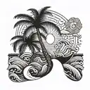 palm tree, sun, and waves tattoo design idea