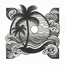 palm tree, sun, and waves tattoo design idea