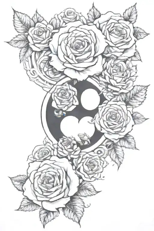 5 roses and realistic heart and semi colon yingyang symbol  tattoo design idea