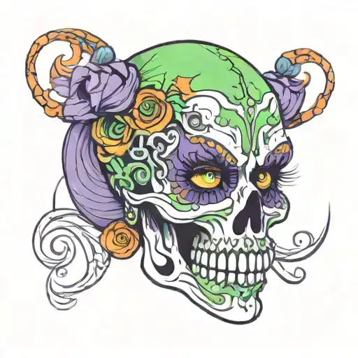 An eerie new-school design of a skull-faced woman with green, purple, black, and orange makeup in a dark and twisted cir tattoo design idea