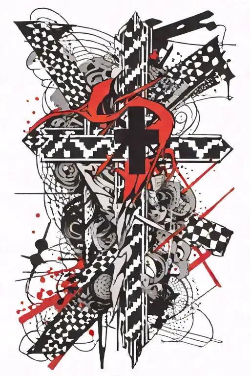 trash polka pointy cross tattoo design idea