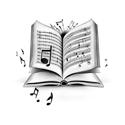 A stack of books with musical notes floating out of them tattoo design idea