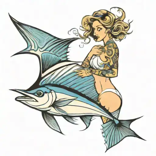 sailfish with pretty woman tattoo design idea