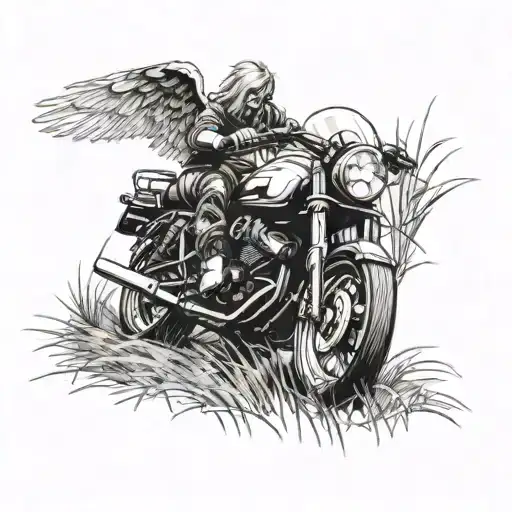 An endless field of grass with a fallen motorcycle and an angel watching over tattoo design idea