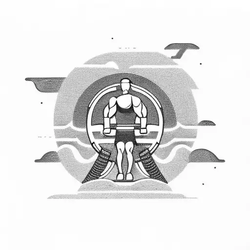 A futuristic sci-fi scene of a weight lifter lifting a barbell made of ocean waves, with a hint of Irish symbolism in a black-grey style tattoo design idea