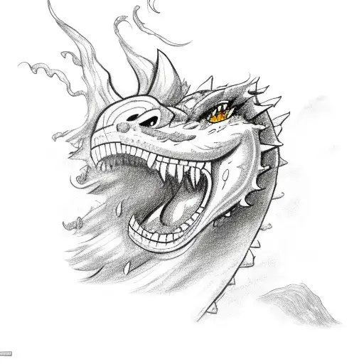 A majestic Scottish dragon breathing fire on a wind swept beach, surrounded by cats in a sketch style tattoo design idea