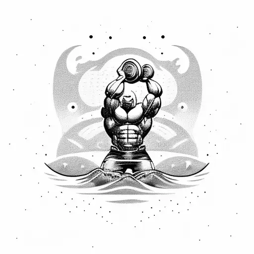 A futuristic sci-fi scene of a weight lifter lifting a barbell made of ocean waves, with a hint of Irish symbolism in a black-grey style tattoo design idea