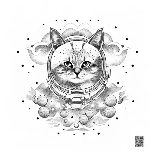 A space-themed tattoo depicting a galaxy of cats floating in the ocean, inspired by fantasy elements, in a dotwork style tattoo design idea