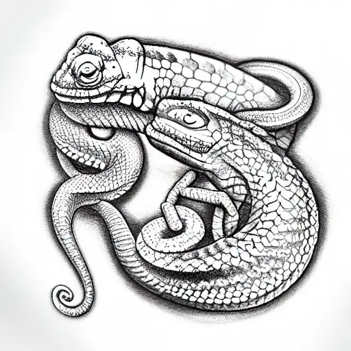Chameleon eats snake in card style tattoo design idea