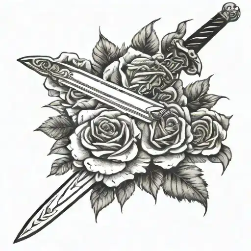 long sword with roses tattoo design idea