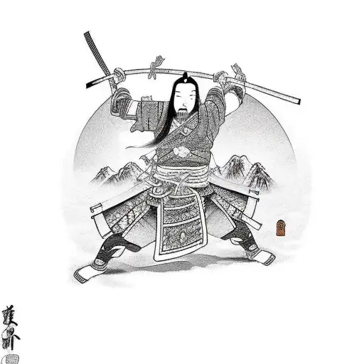 gueicha chorando e samurai montado a cavaloem direção ao sol se pondo  tattoo design idea