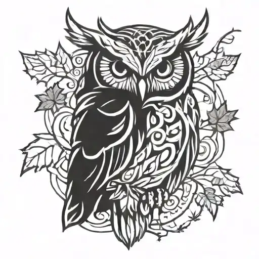 owl holding maple leaf intertwined tattoo design idea