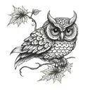 owl holding maple leaf intertwined tattoo design idea