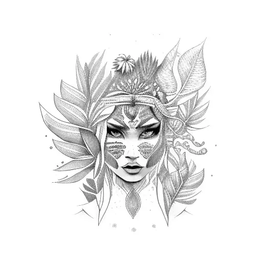 tribe woman  tropical plant  tattoo design idea