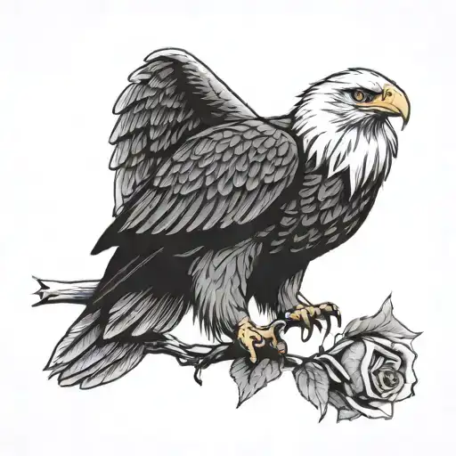 A Bald Eagle looking right on top of a rose.  tattoo design idea