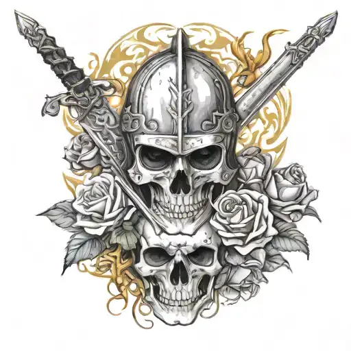 skull of a knight in a helmet, flowers, sword, fire, blood, cross tattoo design idea
