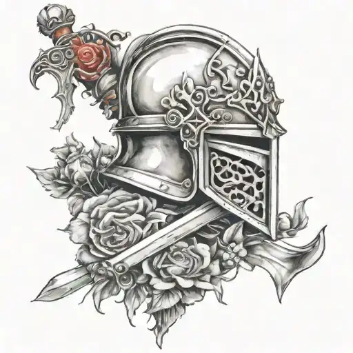 knight in a helmet, flowers, sword, fire, blood, cross tattoo design idea