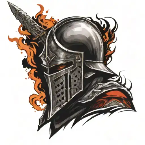 the face of a knight in a helmet, eyes on fire, a sword near his face with a Russian flag in the background tattoo design idea
