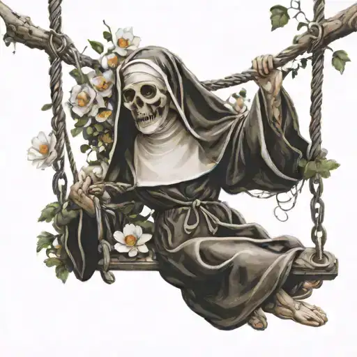 nun on a swing, blurred background, trees, skull, cross, flowers, vine, wreath, tattoo design idea
