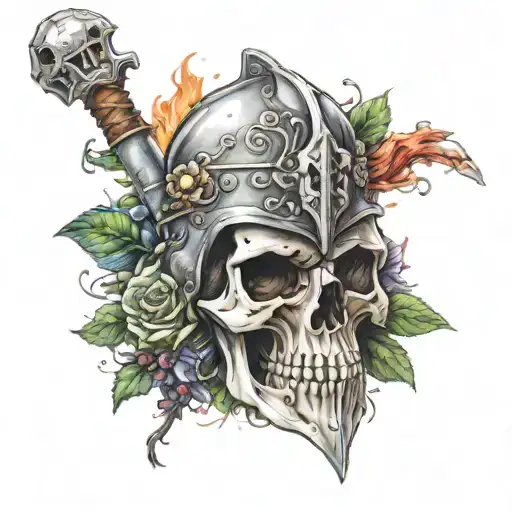 skull of a knight in a helmet, flowers, sword, fire, blood, cross tattoo design idea