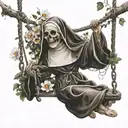 nun on a swing, blurred background, trees, skull, cross, flowers, vine, wreath, tattoo design idea