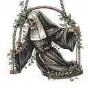 nun on a swing, blurred background, trees, skull, cross, flowers, vine, wreath, tattoo design idea