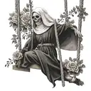 nun on a swing, blurred background, trees, skull, cross, flowers, vine, wreath, tattoo design idea