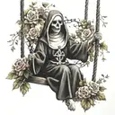 nun on a swing, blurred background, trees, skull, cross, flowers, vine, wreath, tattoo design idea
