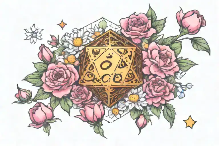 dnd d20 dice surrounded by carnations, cosmos, and aster flowers tattoo design idea