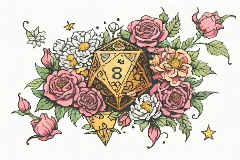 dnd d20 dice surrounded by carnations, cosmos, and aster flowers tattoo design idea