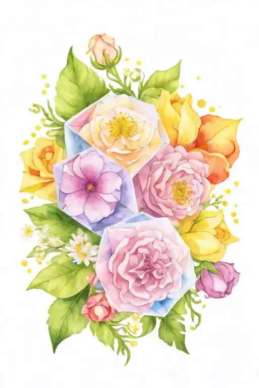 dnd d20 dice surrounded by carnations, cosmos, and aster flowers tattoo design idea