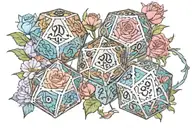 dnd d20 dice with 1.29.92-12.29.23 inside surrounded by carnations, cosmos, and aster flowers tattoo design idea