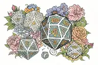 dnd d20 dice with 1.29.92-12.29.23 inside surrounded by carnations, cosmos, and aster flowers tattoo design idea