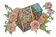 dnd d20 dice surrounded by carnations, cosmos, and aster flowers tattoo design idea
