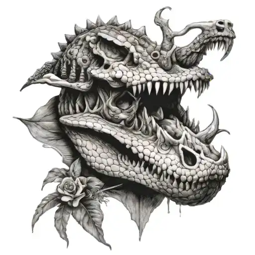 alligator and skull surrounded tattoo design idea