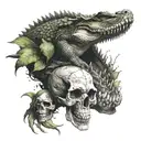 alligator and skull surrounded tattoo design idea