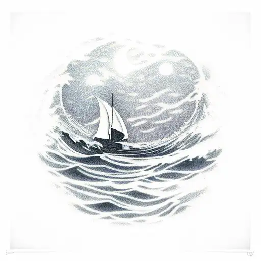 A moonlit ocean scene with a psychologist's chair floating on a wave tattoo design idea