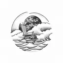 A moonlit ocean scene with a psychologist's chair floating on a wave tattoo design idea