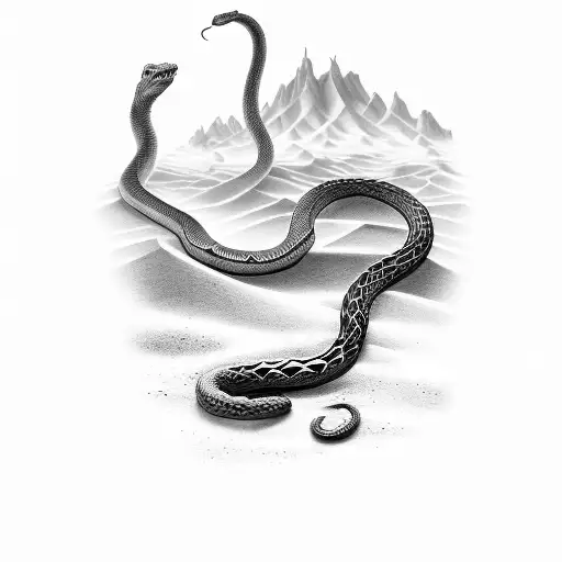 A smoke-filled desert landscape with a snake weaving through ancient Viking symbols tattoo design idea